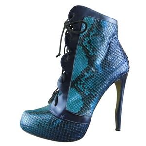 Nicholas Kirkwood Rare Women Platform Boots Blue Snakeskin Lace Up Size 38.5 Med